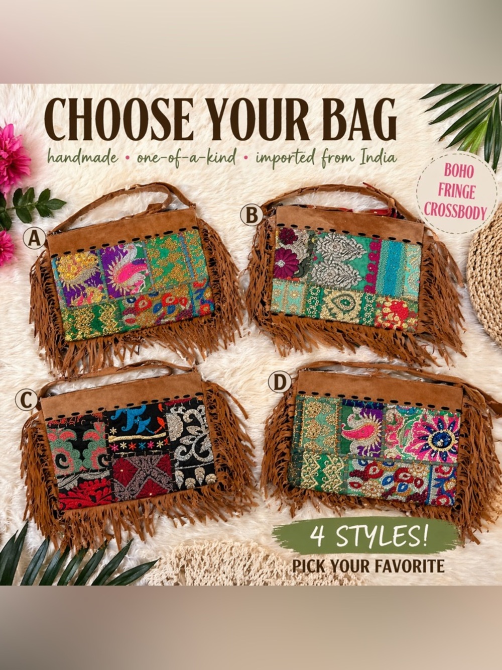 Boho Fringe Crossbody Bag | Handmade Patchwork India | Choose Style
